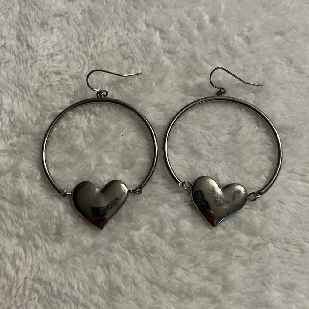 Silver Tone Hoop Heart Earrings